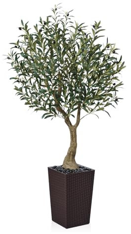 VeriNatural Artificial Olive Tree 150 cm - Tall Faux Plant with 1232 Silk Leaves, 55 Fruits, UV Resistant with Brown Taper Planter - Large Artificial Plants for Indoors Outdoors Home Garden, VN137