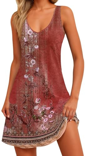 Vestidos Largos Mujer Verano, Vestidos Verano Mujer 2025 Bohemio Elegantes Sin Mangas Cuello V Sueltos Tallas Grandes Vestidos Summer Dresses for Women Compra Online Rojo