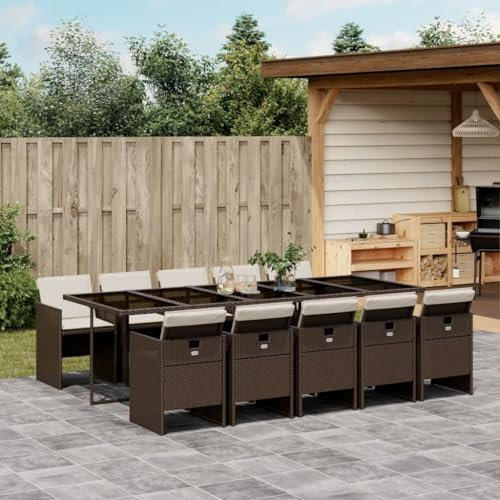 IKAYAA Rattan Gartenmöbel Set 11-TLG, Rattan Sitzgruppe für 10 Personen, Gartentisch aus Glas mit Stapelbar Stühlen & Kissens, Essgruppe Garten, Gartengarnitur Sitzgarnitur, Braun