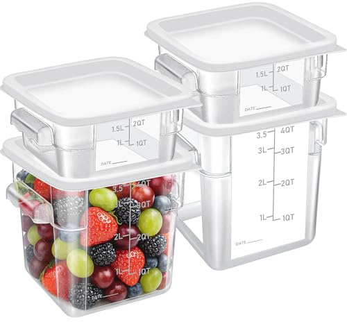 ASMIZ 4 Pcs Polycarbonate Square Storage Container, 2L and 4L Clear Food Storage Boxes with Lids & Graduated Markings, Kitchen Storage for Dough Proving, Marinating Meat, Catering Use (White)
