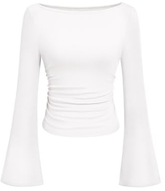 PRETTYGARDEN Womens Long Sleeve Shirts 2026 Spring Crop Going Out Tops Casual Boat Neck Bell Sleeve Ribbed Ruched Y2K Clothes (White,XX-Large)