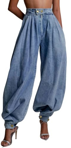 loveimgs Damen Baggy Harems-Jeans, Jogger, Denim-Hose, weites Bein, hohe Taille, Sweathose, konisches Bein, Blau, Groß