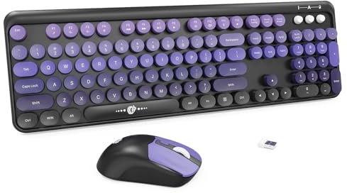 Tastiera e mouse wireless Combo, 104 tasti rotondi carino colorato tastiera e mouse con macchina da scrivere retrò per PC/Mac/laptop/tablet/computer/Windows, nero viola