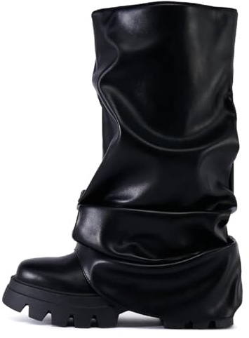 Yishaweiqi Slouched Ruched Fold Over Boots for Women Wide Calf Platform Chunky Heel Mid Calf Shark Boots