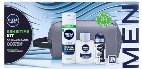 NIVEA MEN Sensitive Kit Cofanetto Regalo Uomo, Set regalo con Schiuma da Barba 200 ml, Balsamo Dopobarba 100 ml, Deodorante uomo Black & White 50 ml e Travel Bag omaggio inclusa