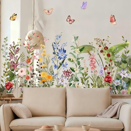 DWUENT Floral Butterfly Wall Stickers, Static Cling Wall Decals, Reusable Peel and Stick Wall Art for Home Decor, 2-Pack 30x60cm Large Wall Decals for Living Room, Bedroom, Nursery