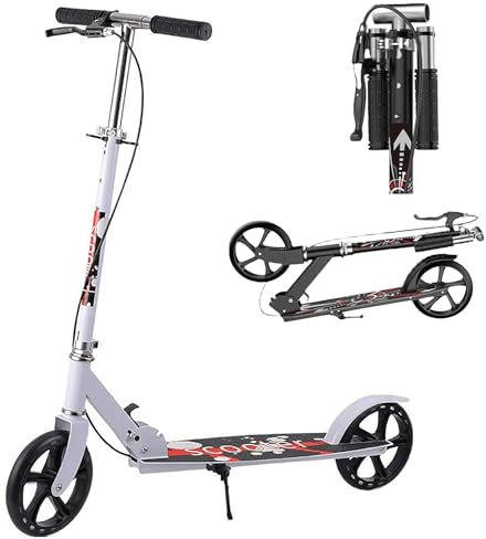 Scooter Erwachsene, Tretroller Scooter, Klappbar Cityroller Tretroller Erwachsene 150 kg Tragkraft,Roller mit handbremse, Höhenverstellbar Hand- & Trittbremse ShockResist (Weiß)