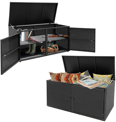 LIFEZEAL Rattan Aufbewahrungsbox mit 2 Ebenen, Große Auflagenbox mit Türen & Deckel, Aufbewahrungstruhe Gärtnerschrank für Indoor und outdoor, 115 x 60 x 65 cm, Schwarz