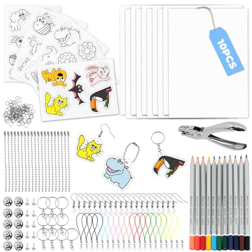 218 Stück Schrumpffolie Set,Schrumpffolie zum DIY Basteln Set mit A4 Schrumpfpapier & A5 Schrumpffolier mit Mustern Buntstifte Locher, Schrumpffolie Set Schlüsselanhänger für Kinder