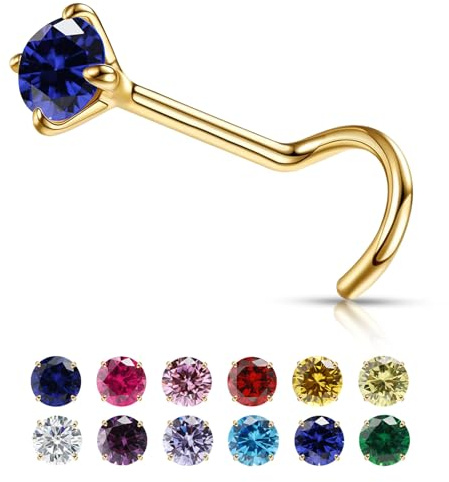 VDKIDKT Kleiner goldener Nasenstecker mit Geburtsstein für Frauen 20G, 3mm-Rundstein CZ Nasenringe und Nasenstecker, winziger goldener Nasenpiercing-Schmuck