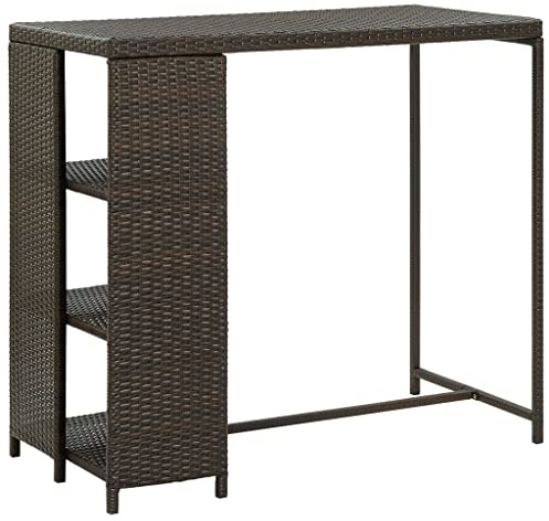 QUAHEAS Bartisch mit Regal Braun 120x60x110 cm aus robustem Poly Rattan für Garten, Küche und Bar, ideal für Esszimmer und Frühstück