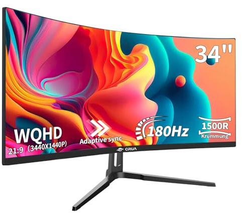 CRUA 34 Inch 180Hz Ultrawide Gaming Monitor, WQHD(3440 * 1440P) 34 Zoll Curved Monitor,99% sRGB,Computer Monitor that Supports AMD Freesync, Wall Mountable Installs(HDMI, DP)-Black