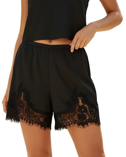Women Floral Lace Trim Satin Shorts Silky Slip Culotte Pettipants French Knickers Y2k Lounge Short Bloomer Bottoms(U Black,S)