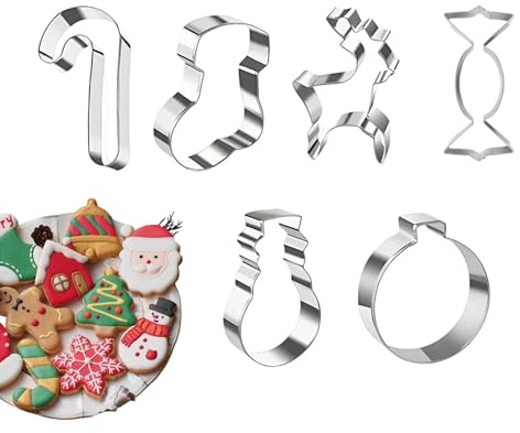 6 piezas cortadores de galletas de Navidad – Acero inoxidable cortadores de galletas Navidad, 10 cm Papá Noel Śchneemann herramientas para hornear | Cortador de galletas para Papá Noel, copos de nieve