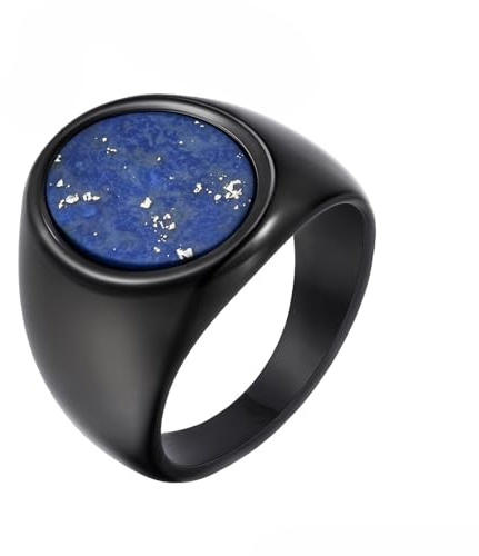 Whoiy Ring Herren Schwarz mit Gravur, Trauringe Lapislazuli 17MM Breit Edelstahl Hochzeitsringe Ehering Ohne Stein Herrenring Grösse 65 (20.7)