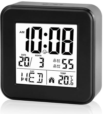 Digital Alarm Clock Bedside with Temperature LCD Travel Clocks Battery Operated,Date Day 12/24H Display Alarm Clock with Snooze,Auto-Dim Backlight for Heavy Sleepers Elderly Bedroom Office Black