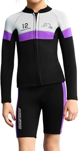 WYYHAA Girls 2.5mm Neoprene Two-Piece Wetsuit, Kids Front Zip Jacket & Shorts Set, Thermal Swim Suit with UPF 50+ Sun Protection for Surfing, Swimming, Snorkeling & Water Sports,Girls,M