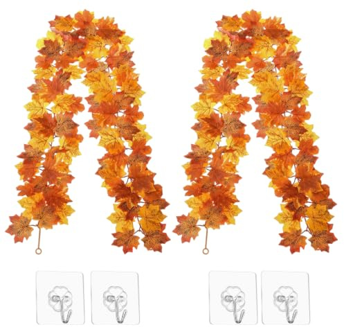 Autumn Garland, Autumn Leaves Garland for Home Decor, Fall Leaf Garlands with 4 Hooks, 175cm Maple Leaf Garland for Staircase Fireplace Thanksgiving Christmas Halloween Decorations