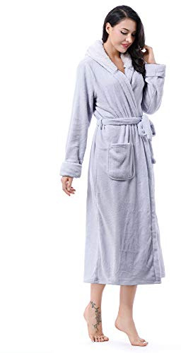 Tirrinia Peignoir luxe doux en peluche, Capuche doublure Sherpa, Pour femme, gris, Taille unique