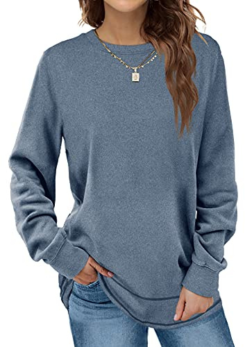 Dofaoo Women Fall Clothes Long Sleeve Tops Winter Clothing Crewneck Sweatshirts Lightweight Trendy Plain Shirts Blue M