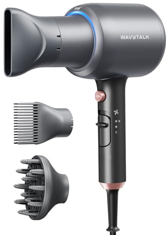Wavytalk Blow Dryer, Blown Away Ionic Hair Dryer for Curly Hair with Diffuser, 1875W Fast Drying Blow Dryer with Ceramic Technology, 3 Attachments for All Hair Types, Light and Quiet, Grey