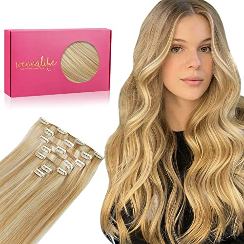WENNALIFE Clip in Extensions Echthaar, 70g 7pcs 45cm Karamellblond Highlights Bleichblond Echthaar Extensions Clip in Remy Clip in Extensions Natürliche Haarverlängerung Echthaar
