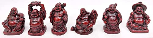 JapanBargain, Set of 6 Mini Laughing Buddha Statues, 2-Inch Rosewood Color Lucky Buddha Figurines for Feng Shui, Wealth, Happiness, and Home Decor