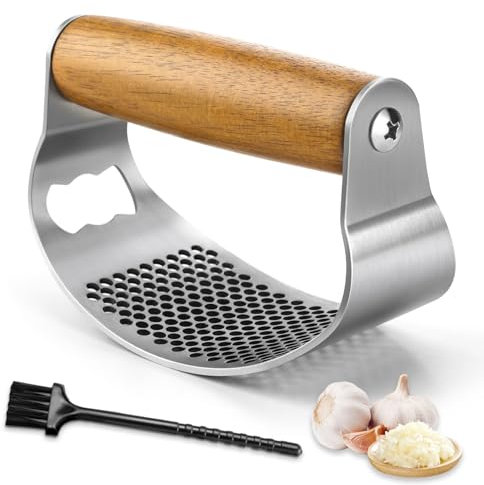 GlasFlength Knoblauchpresse Edelstahl Wippe, Knoblauchwippe Knoblauchschäler Griff aus Holz Knoblauchpressen Knoblauch Wippe Verdickt Garlic Presse Crusher Küchengadgets Leicht zu Reinigen