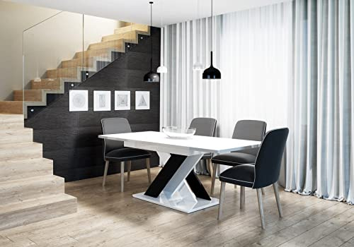 Extendable Dining Table, Black & White Gloss, Dining Table Extendable, 140-180 x 80 x 75 cm, 6-8 Seater Modern Rectangular Kitchen & Dining Room Table, High Gloss Surface