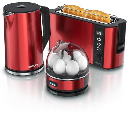 Arendo - Wasserkocher Toaster Eierkocher Set - Edelstahl Wasserkocher mit Temperatureinstellung - Toaster 2 Scheiben Langschlitz - Eierkocher 1-7 Eier - Küchenset in Rot