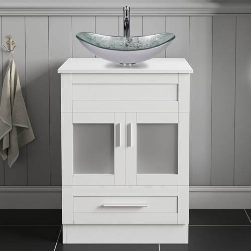 ARTETHYS Bathroom Sink Cabinet, 60cm Bathroom Storage Cabinet | Vanity Units with 2 Doors and a Drawer, White Cloakroom Cabinet Free Standing with Silver Countertop Basin