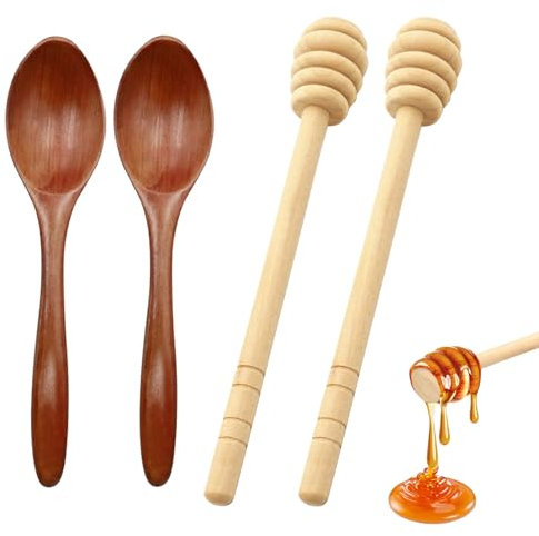 GIONAR 4PCS Cuillère à Miel, Cuillere Miel Bois, Contient 2 Cuillere Bois et 2 Mélangeurs à Miel, 15cm Cuillere Miel, Bois Naturel, Travail Soigné, pour Miel, Confiture, Lait Concentré ou Sirop