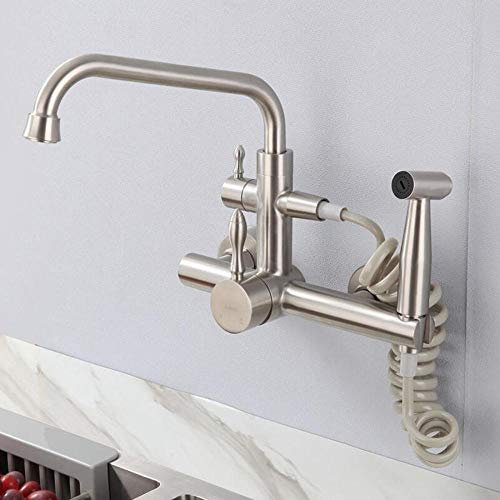 Wandmontierte Küchenarmaturen, mit ausziehbarer Spritzpistole, wandmontierter Warmwasserhahn, Edelstahl 304 gebürstet, Spüle, Wäschebecken, Sieben-Zeichen-Rohr