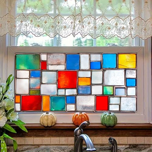 HOMETITUTE Color Block Stained Glass Window Privacy Film Static Cling Decorative Windows Film Rainbow Glass Sticker Frosted Window Clings UV Blocking Windows Tint 39.3x17.7 Inch