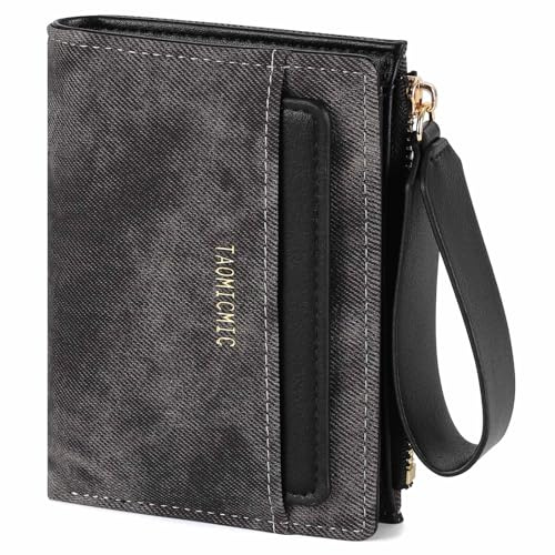 RRANCharltu Portemonnaie Damen klein,Mini Geldbörse PU-Leder,Schwarz | Kleiner Geldbeutel Damen,Reißverschluss-Armband,Portmonee Kunstleder,Münzfach,ID-Fenster,Abnehmbares Kartenfächer,Tragbar