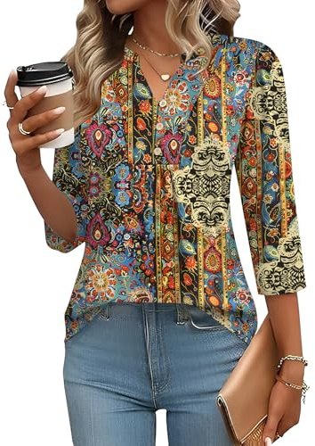 IECCP Ladies Tops and Blouses Puff Sleeve Shirts Dressy Casual V-Neck Pleated T-Shirts Tunic Tops for Women Loose Fit Basic Tees (Ethnic Print,XL)