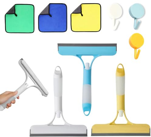 3-Pack 3-in-1 Window Squeegee Kit – Window Cleaner, Squeegee Scraper, Cleaning Cloths Hooks, Multi-Surface Cleaning Tool for Home, Car, Kitchen Bathroom
