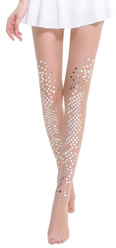 Artomnivera Women's Mermaid Tights, 1 Pair Skin Colour Sequin Stockings with Silver Fish Scales, Glitter Scale Pattern High Waist Tights for Carnival Halloween Cosplay Party Fancy Dress