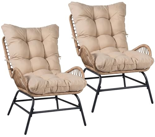 COSTWAY 2er Set Gartenstühle Rattan Wetterfest, Gartensessel mit dickem Kissen, Rattansessel XXL, Terrassenstühle, Rattanstühle bis 150 kg belastbar, für Garten, Terrasse, Balkon (Khaki)