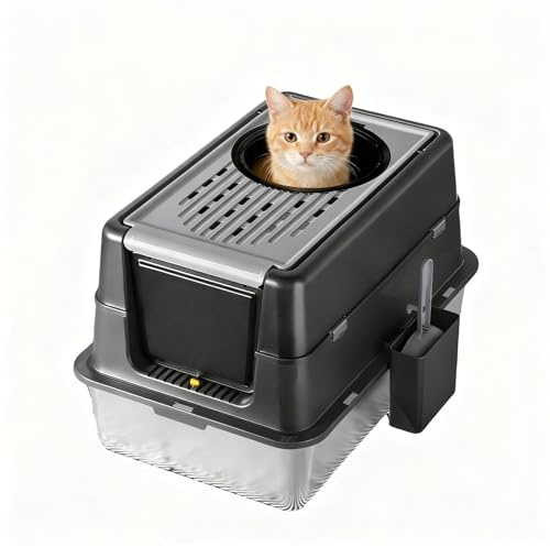 Caja de Arena para Gatos XXL de Acero Inoxidable - Doble Entrada Frontal y Superior - Cubierta a Prueba de Fugas - Fácil Limpieza y Control de olores - para Varios Gatos - 60x40x38,5 cm