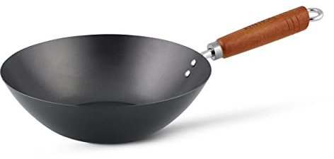 Ken Hom Wok Antiaderente Acciaio al Carbonio, 27cm, Classic, Padella Non a Induzione/Con Manico in Legno/Base Piatta, Non Lavabile in Lavastoviglie, 2 Anni di Garanzia