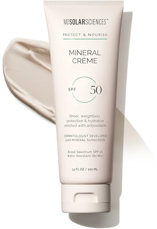 MDSolarSciences Mineral Crème Sunscreen SPF 50 | Water-Resistant, Broad Spectrum UV Protection | Zinc Oxide Formula with Antioxidants | No White Cast, Sheer Matte Finish for All Skin Types (3.4 Fl Oz)