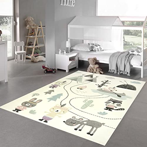 Teppich-Traum Kinderzimmer Teppich Spielteppich Bären Indianer Zelt Kaktus Kanu Tannen Creme grau grün, Größe 120x170 cm