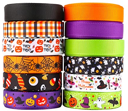 Kingovalley 12 Rollen Halloween Ripsbänder 1,3 cm x 5 Meter Happy Halloween Trick or Treat Candy Kürbis Hexe Hut Spinne Geist Muster Wickelbänder für Halloween Handwerk Party Dekoration