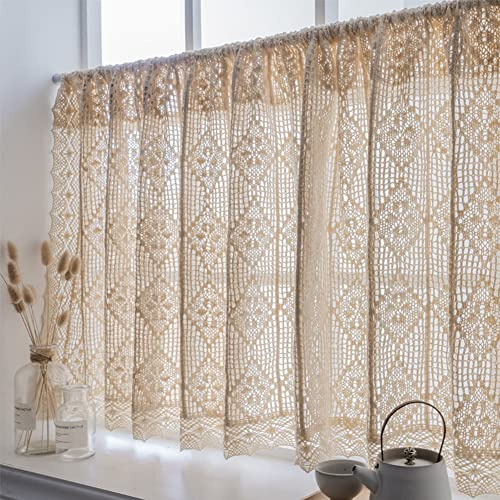 Ricemru Häkelgardine Scheibengardine Landhausstil Vintage mit Marokko Bistrovorhang Kurzstore Gardinen Häkel Boho Küche Kurz Kurzgardine Türvorhang Halblang,110x45cm
