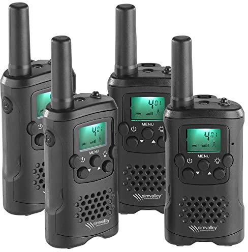 simvalley Communications Walkie Talkie: 4er-Set PMR-Funkgeräte mit VOX, bis 10 km Reichweite, LED-Taschenlampe (Walki Talkis, Funkgerät Talkies, Handsprechfunkgeräte)