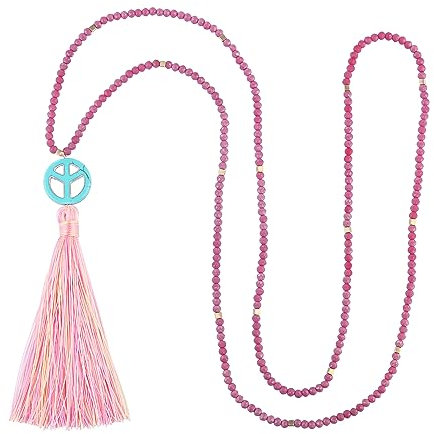 KELITCH Quaste Halsketten Frieden Anhänger Halsketten Chic Kristall Perlen Halsketten Schmuck für Damen (Pink 27A)