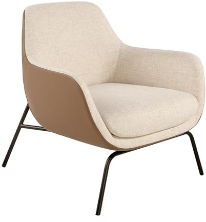 Angel Cerdá – Poltrona Design Moderno Rivestita in Tessuto Crema ed Ecopelle Marrone | Design Avvolgente e Confortevole | Struttura in Acciaio Nero | Design per Salotto | 77 x 76 x 84 cm
