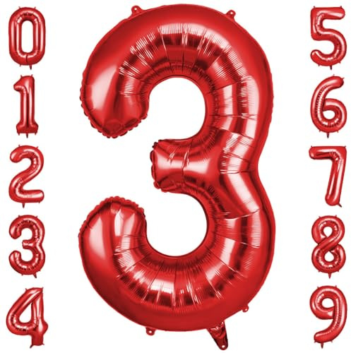OFFCUP Zahlen Luftballon Rot, Folienballon Zahl 3, 40 Zoll Helium Ballons | Geburtstagsdeko Mädchen Junge Kindergeburtstag Party Deko Ballon Zahl Deko zum Geburtstag Silvester Deko Neujahr Deko