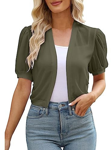 Women's Cardigan Damen-Bolero mit Puffärmeln und offener Vorderseite, Sommer-Strickjacke mit durchsichtigen Kurzjacken Strickjacke Damen Schwarz Mit (AG, XL)